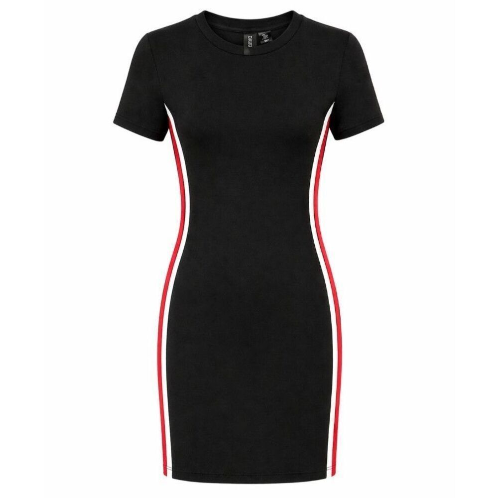 H&M Divided Bodycon Dress Size 4 Ribbed Black Colorblock Red White Stripe Party